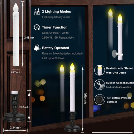 12 Pack Flameless LED Window Candles with Drip Texture,Removable Candle Holders,24 AA Batteries,Daily Timer,ON/Off Remote,12 Window Suction Cups,Christmas Home Wedding Decor(Black)