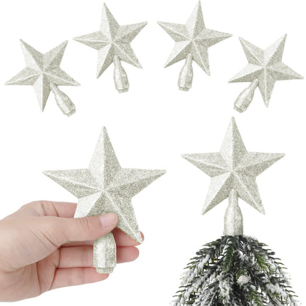 4 Pcs 4 Inches Glitter Star Christmas Tree Topper Mini Christmas Star Tree Toppers Decorative Small Christmas Tree Decoration Treetop for Holiday Ornament Home Decor (White)