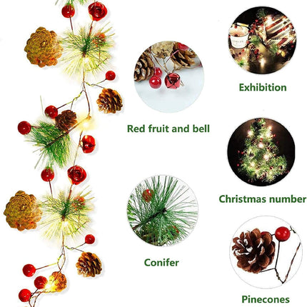 Christmas Garland with Lights 10FT 30LED Red Berry Pine Cone Garland Lights Battery Operated, LED Garland String Lights, Xmas Christmas Decorations for Fireplace Mantel Decor