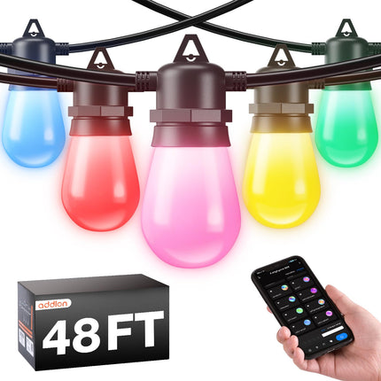 addlon 48FT Smart RGB Outdoor String Lights, Dimmable Patio Lights with 15 Waterproof Shatterproof LED Bulbs, Color Changing String Lights APP Control (Remote not Included), Music Sync for Party