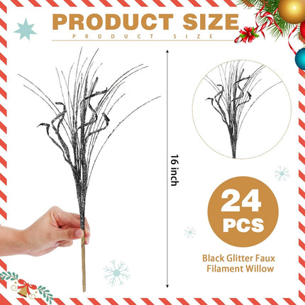 Christmas Glitter Curly Tree Picks Wispy Willow Stem Glittered Twigs Decor Wreath Garland Floral Arrangement Glitter Stems for Xmas Tree Decor(Black,24 Pcs)