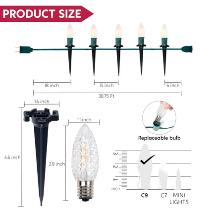 Joiedomi 30.75FT C9 Christmas Pathway Lights, 24 LED Strawberry Stake Lights, Warm White Outdoor Faceted Walkway Lights with Marker Stakes Connectable for Holiday Christmas Yard Garden Lawn