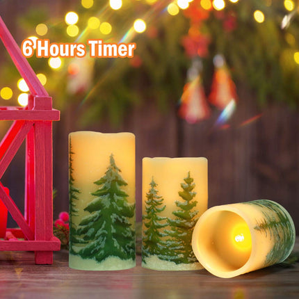 Rocinha Christmas Flameless Candles with Timer Battery Operated Flickering Candles Set of 3 Real Wax Christmas Pillar Candles with Christmas Tree Printing