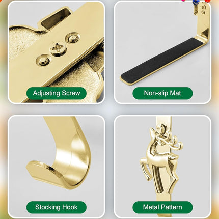 Stocking Holders for Mantle, Set of 5 Christmas Stocking Holders for Fireplace, Stocking Hangers for Mantel, Snowflake Reindeer Tree Santa Stocking Hanger Hooks for Christmas Mantel Decoration, Gold