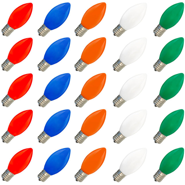 SUNSGNE 25 Pack C9 Multicolor Christmas Light Bulbs, C9 Ceramic Multicolor Incandescent Replacement Bulbs for Outdoor Vintage Christmas String Light, E17/C9 Intermediate Base- 7 Watts
