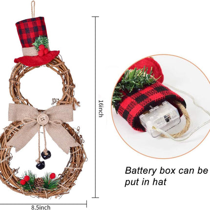 DearHouse 16 x 8 Inch Lighted Christmas Wreath Decoration, Grapevine Wreath with Hat and Bow Snowman Shape Wreath for Front Door Home Garden Wall Decor