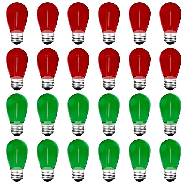S14 Colored LED String Light Bulbs, 24Pack 1Watt Plastic Shatterproof Waterproof Outdoor Indoor Replacement Light Bulbs for Home Decor, E26 Medium Screw Base, Red and Green Christmas Light Bulbs