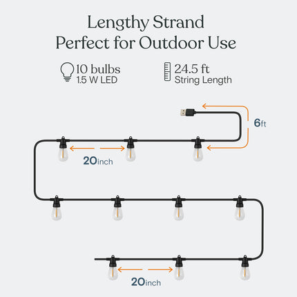 Brightech Ambience Pro USB Powered String Lights - 24 Ft Commercial Grade Waterproof String Lights, Outdoor Shatterproof Patio Lights for Camping, Christmas, Backyard, Porch - 1W LED Soft White Light