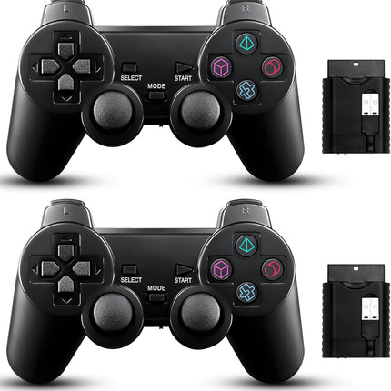 2 Pack Wireless Controller 2.4G double shock Compatible with PS2 /PS1/PC(Jet Black)