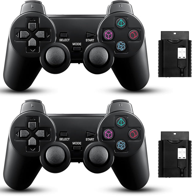 2 Pack Wireless Controller 2.4G double shock Compatible with PS2 /PS1/PC(Jet Black)