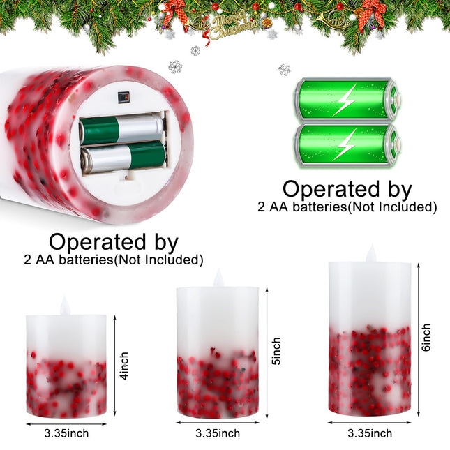 3 Pcs Christmas Flameless LED Candles Rowan Berries Embedded Real Wax Unscented Flicker Wick Pillar Candle Battery Operated Warm Light for Home Party Xmas Decoration