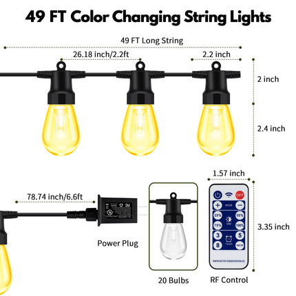 Outdoor String Lights - 49ft Patio Lights with 20 Dimmable Warm White S14 LED Bulbs, IP65 Waterproof Shatterproof Outside Lights for Christmas, Dating,Party,Camping,Remote Control,Timer,16W