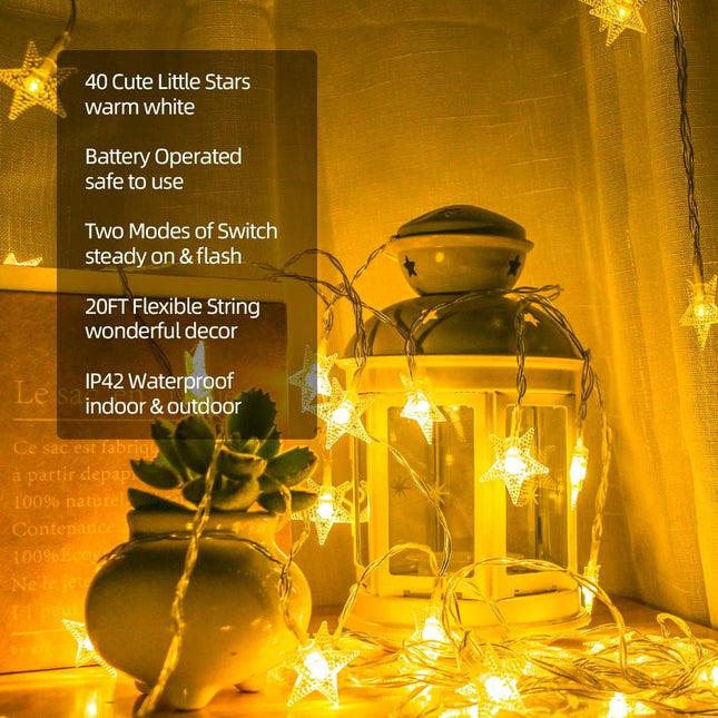 Star String Lights, 20Ft 40 LED Star Fairy Lights Battery Operated, Christmas Twinkle Lights Indoor Outdoor for Bedroom Canopy Patio Wedding Party Ramadan Home Decorations (Warm White)