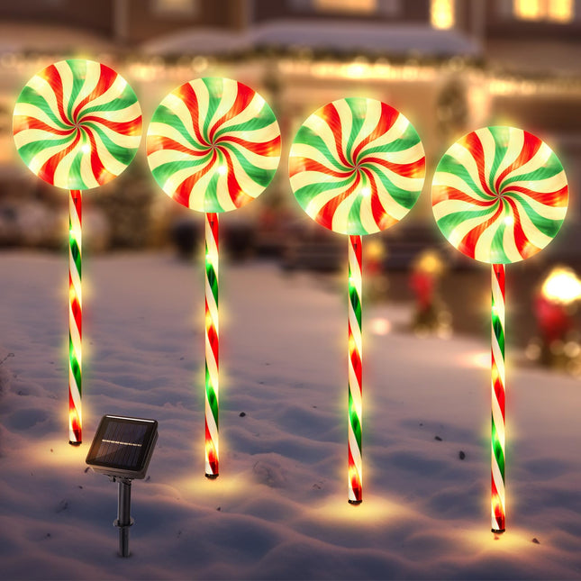 BRIGHTDECK Solar Lollipop Christmas Pathway Lights, Set of 4 Lollipop Stake Lights, 8 Lighting Modes Solar Christmas Decorations, LED Christmas Lights Outdoor Waterproof for Holiday, Walkway, Yard (B)