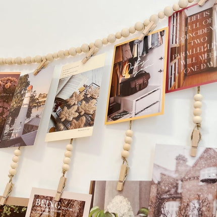 Hanging Photo Display, Wooden Bead Garland, Boho Style Collage Photo Frame Decoration for Dorms, Classrooms, Bedrooms, Hanging Display Card Holder