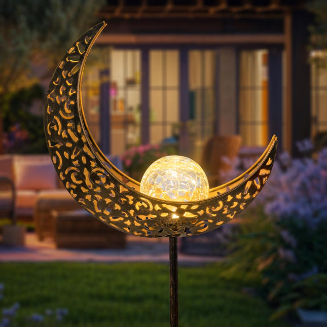 HOMEIMPRO Moon Solar Lights Outdoor Garden Stakes, Waterproof Crackle Glass Metal Decorative Lights for Lawn, Patio Accessories, Backyard Decorations Birthday,Christmas Mom Grandma (Bronze)