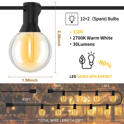 Outdoor String Lights, LED Patio Hanging Lights with Waterproof G40 Globe Plastic Bulbs for Outside Backyard Porch Garden Cafe Decor (25ft - 14 LED Bulbs)