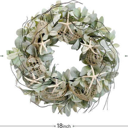CIR OAOSES 18 Inch Green Ear Lambs Leaves Starfish Wreath for Front Door, Rustic and Farmhouse Spring Summer Greenery Wreath for Inside and Outside, Grapevine Year Round Wreath for Home Decor