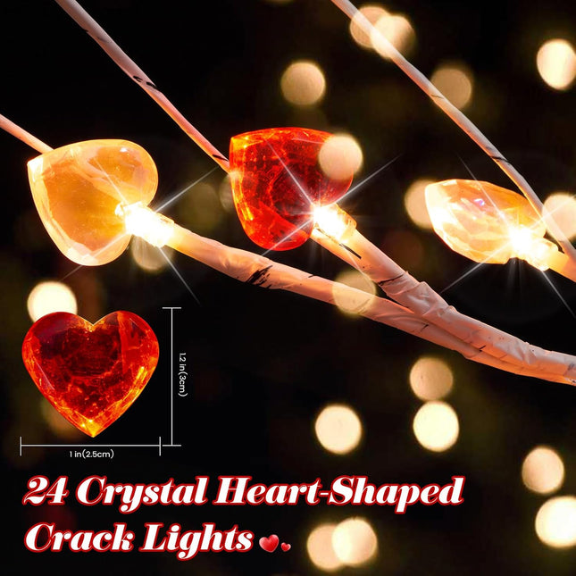 Valentines Day Tree Decorations,2 Pack 24 Inches Lighted Birch Tee with 24 Crystal Heart Shaped 18pcs Heart Ornaments,Valentine's Day Tree for Home,Tabletop,Mantel,Office