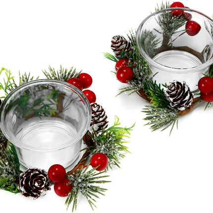 Christmas Votive Candle Holders with Snowy Pinecone Berry Candle Ring, Decorative Glass Tealight Candle Holder Set of 2 for Home, Wedding, Living Room and Bedroom Decor(Exclude Candles)