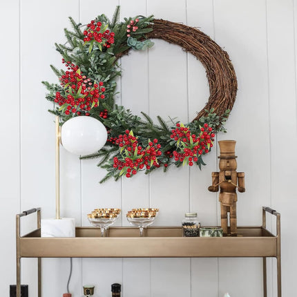 XHXSTORE 4Bundles Artificial Red Berries Christmas Greenery Stems Faux Burgundy Red Holly Berry with Green Leaves for Xmas Tree Home Wedding Flower Arrangement DIY Wreath Holiday Decor