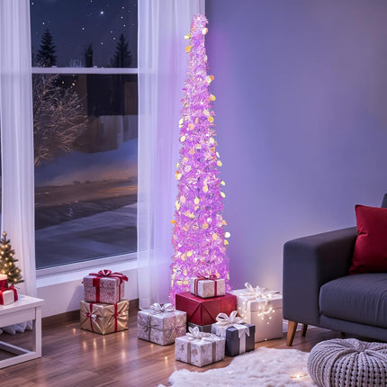OurWarm 5 FT Purple Pop Up Christmas Tree with 60 LED Lights, Tinsel Collapsible Christmas Tree with Sequins, Prelit Artificial Pencil Xmas Tree for Home Room Indoor Outdoor Holiday Party Decoration
