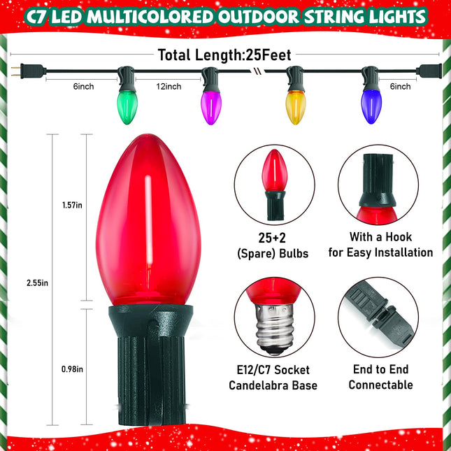 25Ft Christmas Lights Multicolor C7 Vintage Outdoor String Lights with 27 LED Bulbs(2 Spare), Hanging Xmas Tree Lights Waterproof for Patio Garden Party Wedding Holiday Decorations-Green Wire