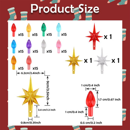 Ceramic Christmas Tree Replacement Light Bulbs Set, 150Pcs Multicolor Ceramic Christmas Tree Replacement Bulbs Medium Twist Light Ornaments and 3Pcs Topper Stars for Ceramic Christmas Tree