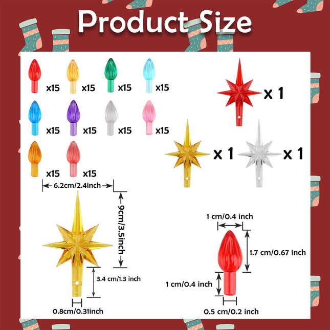 Ceramic Christmas Tree Replacement Light Bulbs Set, 150Pcs Multicolor Ceramic Christmas Tree Replacement Bulbs Medium Twist Light Ornaments and 3Pcs Topper Stars for Ceramic Christmas Tree