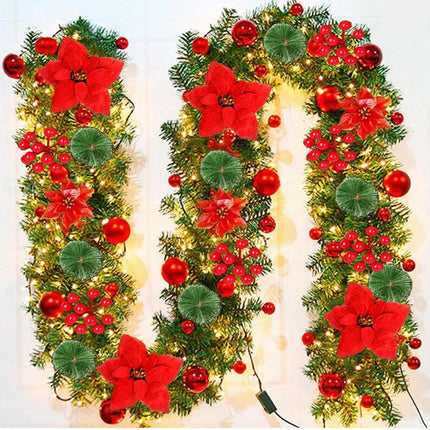 9Ft Pre-Lit Christmas Garland Artificial Indoor Outdoor Decoration, Christmas Garland with Flower Snowy Pine, Garland with Battery Operated for Xmas Mantle,Stairs, Fireplaces, Walls Decor