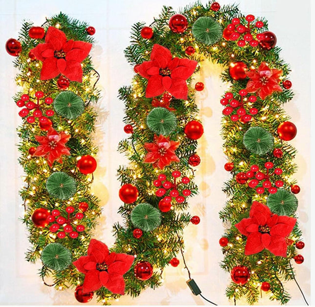 9Ft Pre-Lit Christmas Garland Artificial Indoor Outdoor Decoration, Christmas Garland with Flower Snowy Pine, Garland with Battery Operated for Xmas Mantle,Stairs, Fireplaces, Walls Decor