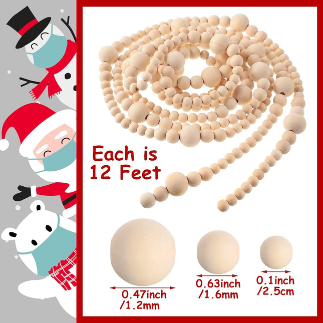 Yinder 4 Pcs 48 Feet Christmas Wooden Beaded Garland 11.8 ft Christmas Tree Garland Beads Farmhouse Rustic Wall Hanging Decor Boho Hanging Decorations for Xmas Holiday Mantel Home Party(Natural)