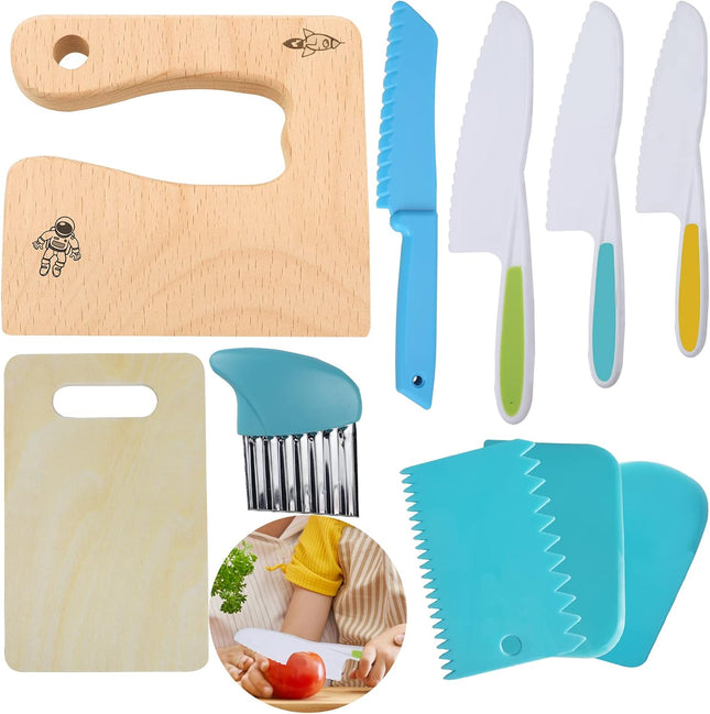 10 Pieces Wooden Kids Kitchen Knife Set, Include Wood Kids Knife Plastic Potato Slicers Cooking Knives Children'S Safe Knifes