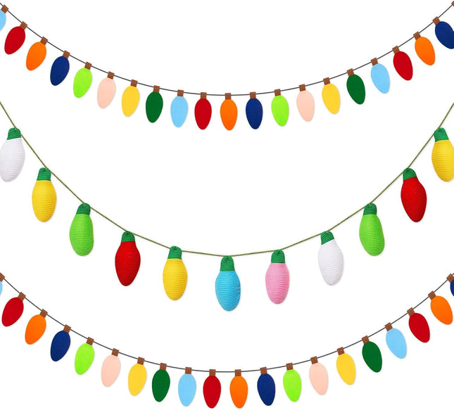 Jecery 3 Pcs Large Christmas Felt Light Bulb 9.84ft Long Garland Banner Rainbow Knit Light Bulb Ball Garland Xmas Colorful Cute Tree Hanging Decoration Christmas Party Decor Mantel Wall DIY Supplies