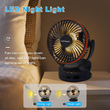Keynice Battery Operated Fan With Hanging Hook, Portable Camping Fan With Night Light, 4 Speeds, Sturdy Clamp, 360° Rotation