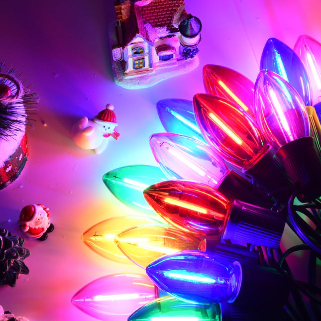 C9 Multicolor Chritsmas Lights Outdoor, 20Ft Vintage String Lights with 21 Colorful LED Plastic Clear Bulbs(1 Spare), Hanging String Lights for Roofline Christmas Tree Decorations, Green Wire