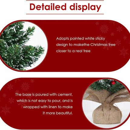 Festive 60cm Tabletop Christmas Tree in PVC, Stable Cement Base, Wrapped in Burlap, Whitened Branches, 68 Tip Counts, Topped with 6 Red Berries, 6 Simulation Pine Cones