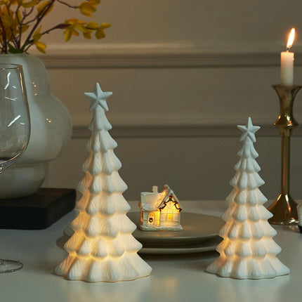 Ceramic Christmas Tree That Light Up, 2 Pack Lighted Porcelain Christmas Tree with Star, Matte White Small Xmas Tree Table Centerpiece Xmas Tree Figurines for Tabletop Decor