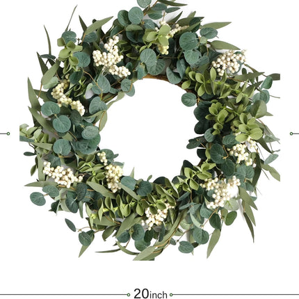 TEMPUS 20-inch Artificial Eucalyptus Leaf Wreath Spring Summer Green Leaves Wreath Front Door Wall Hanging Window Decoration Porch Farmhouse Patio Garden Decor Party Holiday Wedding Decoration