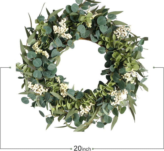 TEMPUS 20-inch Artificial Eucalyptus Leaf Wreath Spring Summer Green Leaves Wreath Front Door Wall Hanging Window Decoration Porch Farmhouse Patio Garden Decor Party Holiday Wedding Decoration