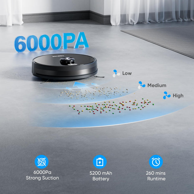 Tesvor S5 Max Robot Vacuum And Mop Combo, 6000Pa Suction Robotic Vacuum Cleaner, Lidar Navigation,5200Mah,260Mins Runtime, 10 Nogo&Nomop Zones, Smart Mapping,Perfect For Pet Hair And Hard Floor