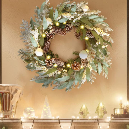 Qingbei Rina Pre-Lit Christmas Wreaths for Front Door,22 Inch Winter Door Wreath with Star Lights,Outdoor Christmas Wreath with Pinecones and Silver Balls, Xmas Windows Fireplace Farmhouse Home Decor