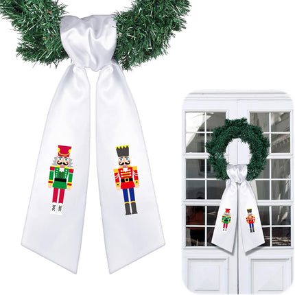 Wreath Sash for Front Door Wreath Satin Sash for Wreath Embroidery Monogram Wreath Sash Accessories Xmas Party Yard Doorway Indoor Outdoor Wall(Red, White,Nutcracker)