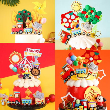 Forest Animal Train Cake Toppers - Set of 14 - Handmade Clay Monkey,Giraffe,Elephant Train, Tree, Clouds, Sun and Happy Birthdany Cake Topper