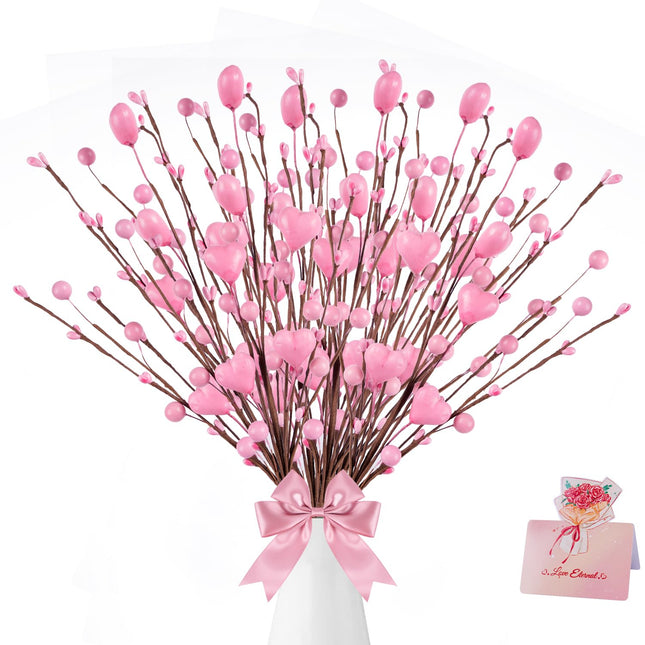 6 Pcs Valentine’s Day s, Artificial Berry Flower Stems with Pink Heart Shaped Berry Picks with Message Card for Valentine’s Day Chrismas Decor, Propose Wedding Anniversary Decorations