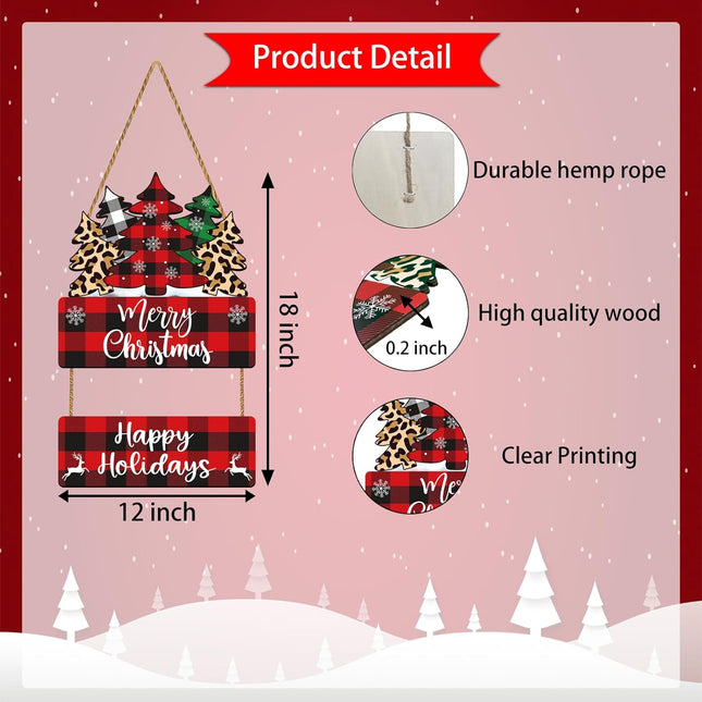 Christmas Door Decorations Merry Christmas Sign Buffalo Plaid Christmas Tree Wall Decor Christmas Door Sign Wooden Christmas Door Hanger Happy Holidays Sign for Front Door Porch Indoor Home Decor