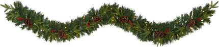 Nearly Natural 9ft. Mixed Pine Artificial Christmas Garland with 50 Clear LED Lights, Berries and Pinecones