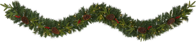 Nearly Natural 9ft. Mixed Pine Artificial Christmas Garland with 50 Clear LED Lights, Berries and Pinecones