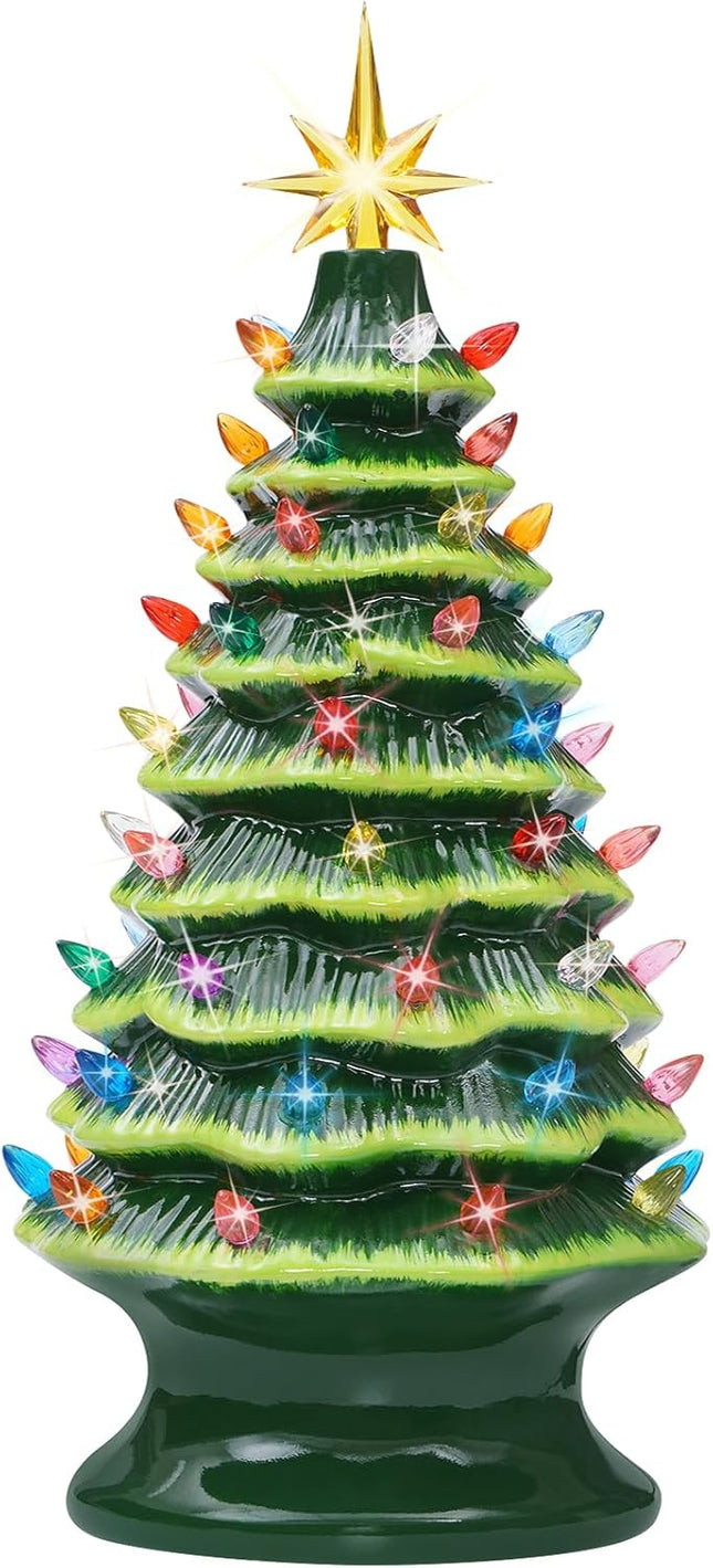 est 16.5" Table Top Christmas Tree, Hand Painted Resin Christmas Tree with Lights, Pre-lit Xmas Tree Decor Lighted Tabletop Decoration with Multicolored LED Bulbs, Ceramic-Like Finish