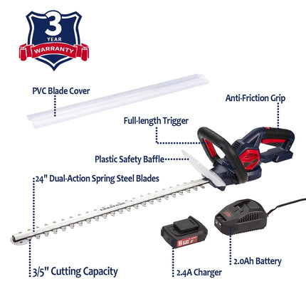 Dextra 20V Hedge Trimmer Cordless, 24 Inch Dual Action Blade Electric Tree Trimmer, 3/5 Inch Cutting Capacity Bush Trimmer Tree Trimmer with 2.0Ah Battery and Charger